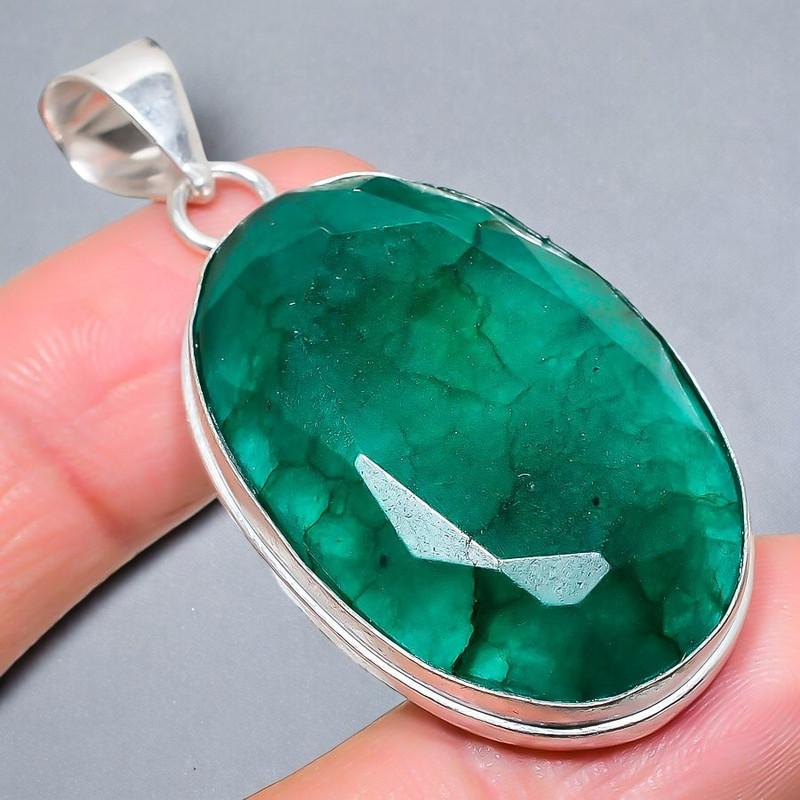 Emerald(Simulated) Gemstone Handmade 925 Sterling Silver Jewelry Pendant 2.17" AH-905