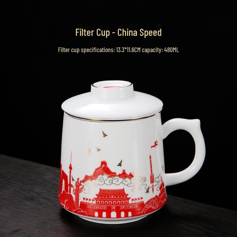 Red Ceramic Teacup Set with Logo for Commemorative Company Gifts