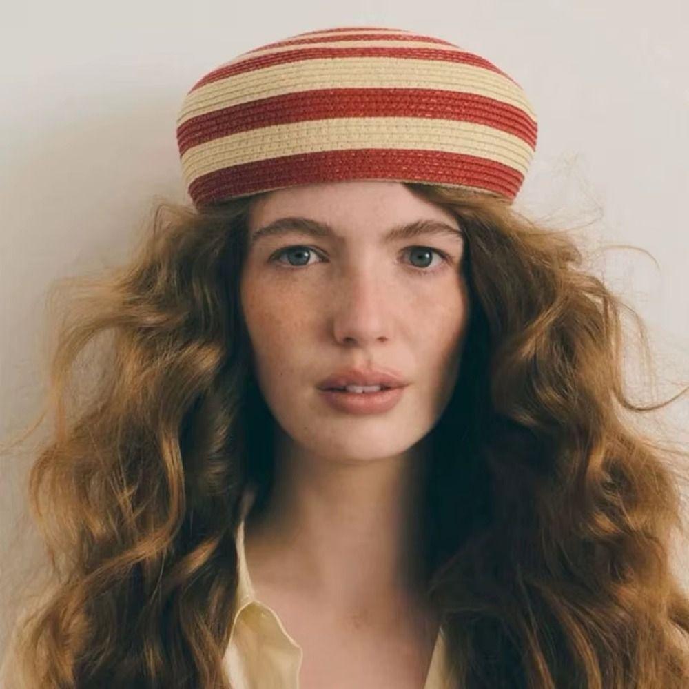 Color Block Straw Top Hat Striped Pattern Sun Hat Brim Hat Dome Cap Beach Vacation