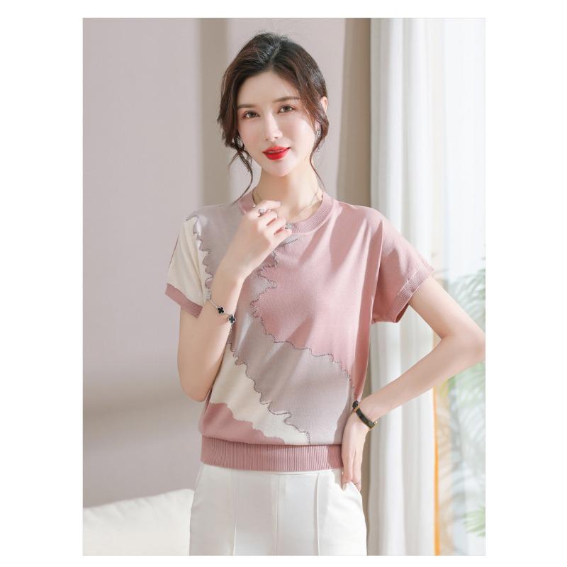 Women Summer New Ice Silk Round Neck Short Sleeve T Shirt Elegant Loose Thin Knit Top