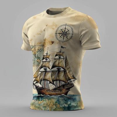 Summer Retro Casual Short Sleeve Top Sailboat Print Fashion Streetwear Oversized Men's T-shirts