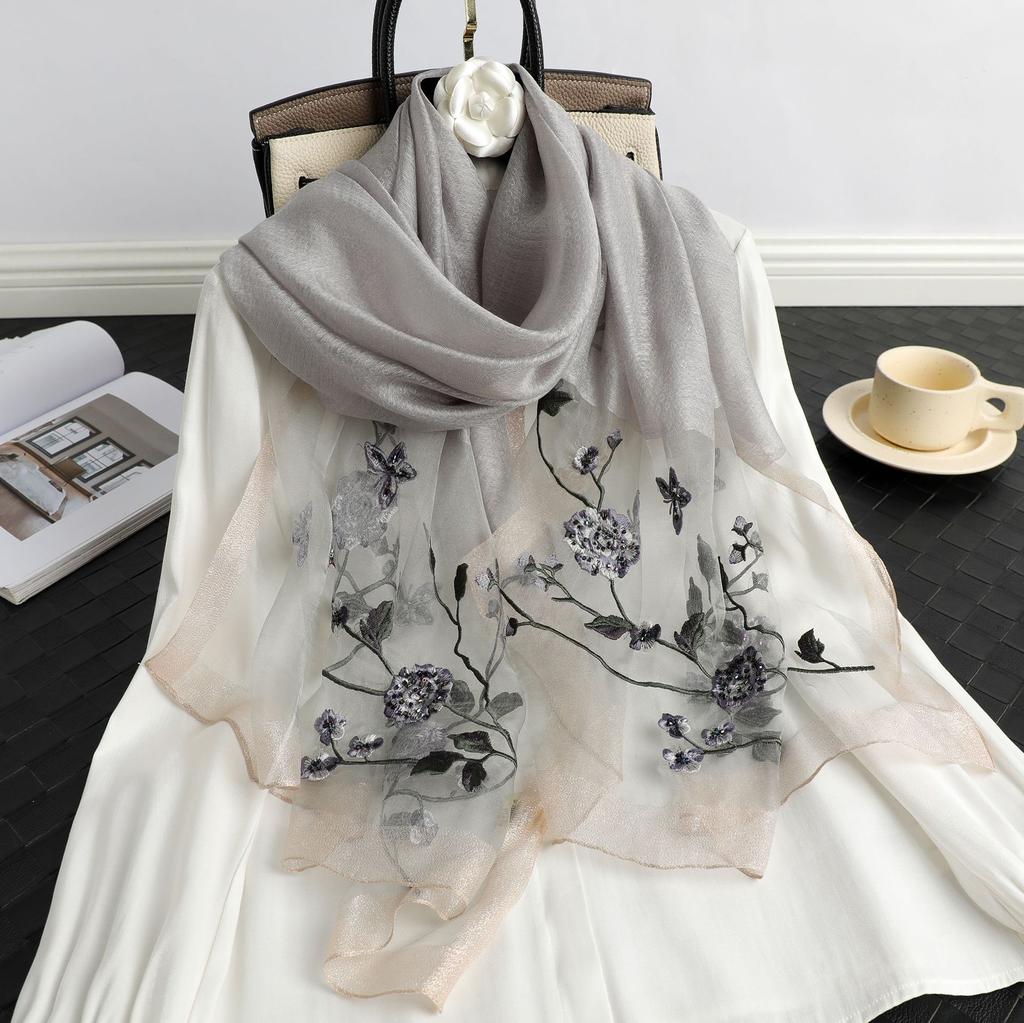 Lady Floral Embroidery Silk Wool Scarf Luxury Plaid Women Hijab Female Beach Stoles Shawl Wrap Headbands Scarves Bandana