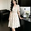 Elegant Temperament Wholesale Floral V-neck Bubble Sleeve Dress Women's Summer High Waist Slim Waist A Word Middle Skirt