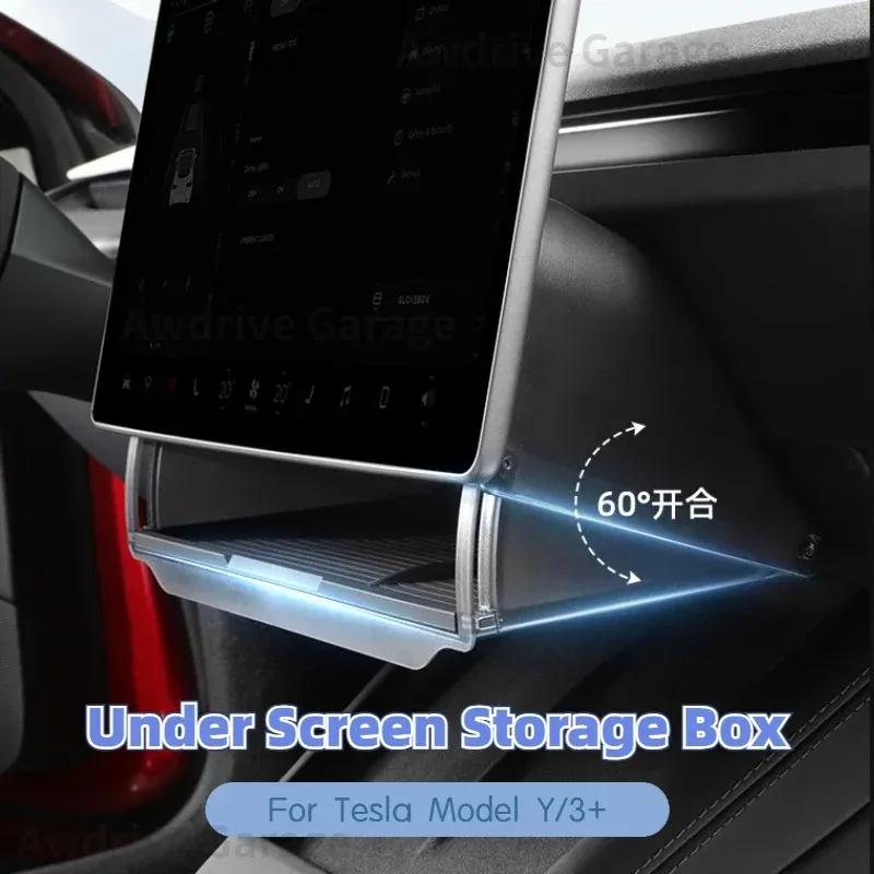 Under Screen Storage Box for Tesla Model Y/3+ Highland Model Y juniper Central Control Hidden Storage Organizer Tray Accessories