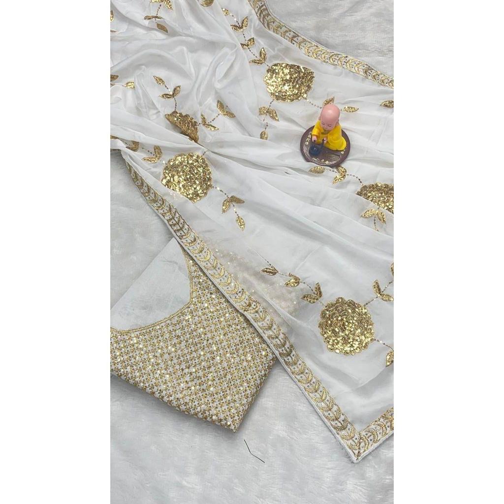 Premium  Georgette Fabrics with 3 Mm Sequence Embroidered Work and Golden Zari Thread Work