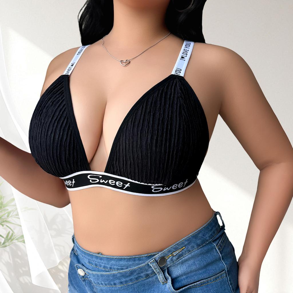 Plus Size Letter Print Ribbed Wireless Bralette