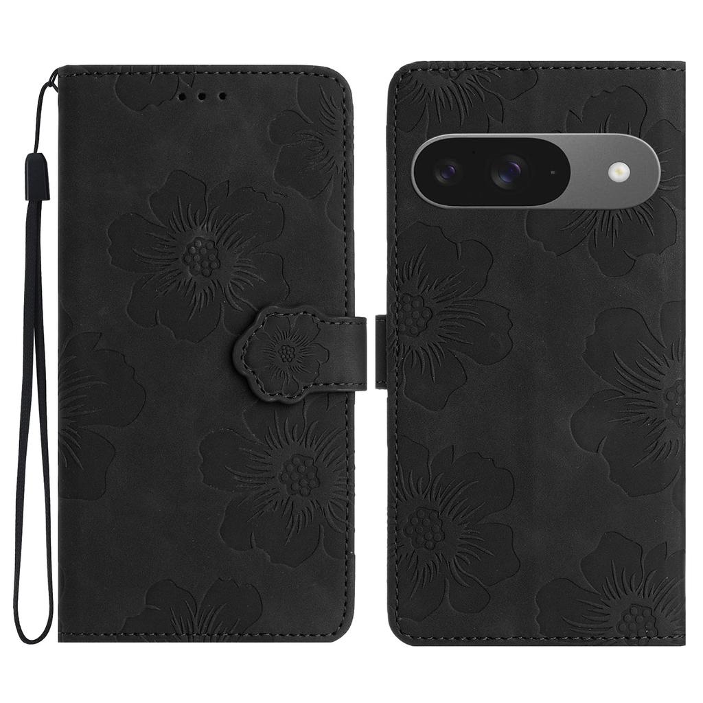 For Google Pixel 9/Pixel 9 Pro Case Flower Design Leather Wallet Phone Cover with Wrist Strap