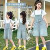 Girls' denim overalls set for summer 2026, new stylish mid size children's Korean version fashionable shorts two-piece set