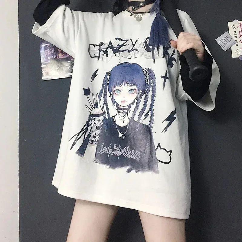 Japanese Anime T-shirt Y2k Harajuku Aesthetic Kawaii Cute Girly Anime Graphic Short Sleeve Tees Summer Oversized Women Clothes