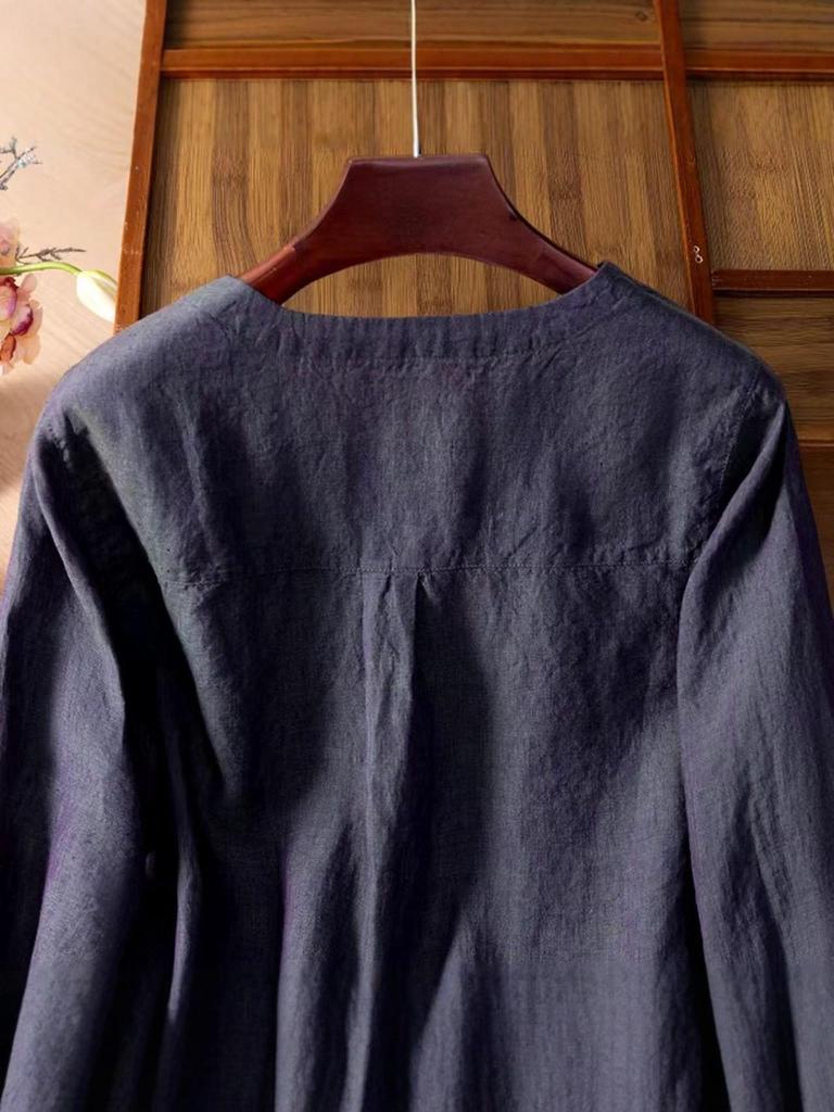 2026 Spring Women's Long Sleeve V-Neck Hemp Shirt - Artistic, Solid Color, Casual & Versatile.