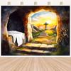 2D Easter Church Backdrop, Watercolor Empty Tomb & Cross Banner for Christian Worship Events