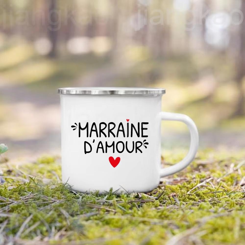 Französische Taufpatin Pate Druck Emaille Kaffeetasse Getränke Milchbecher Campingtassen Bestes Geburtstags-Feiertagsgeschenk für Patentante Patenonkel