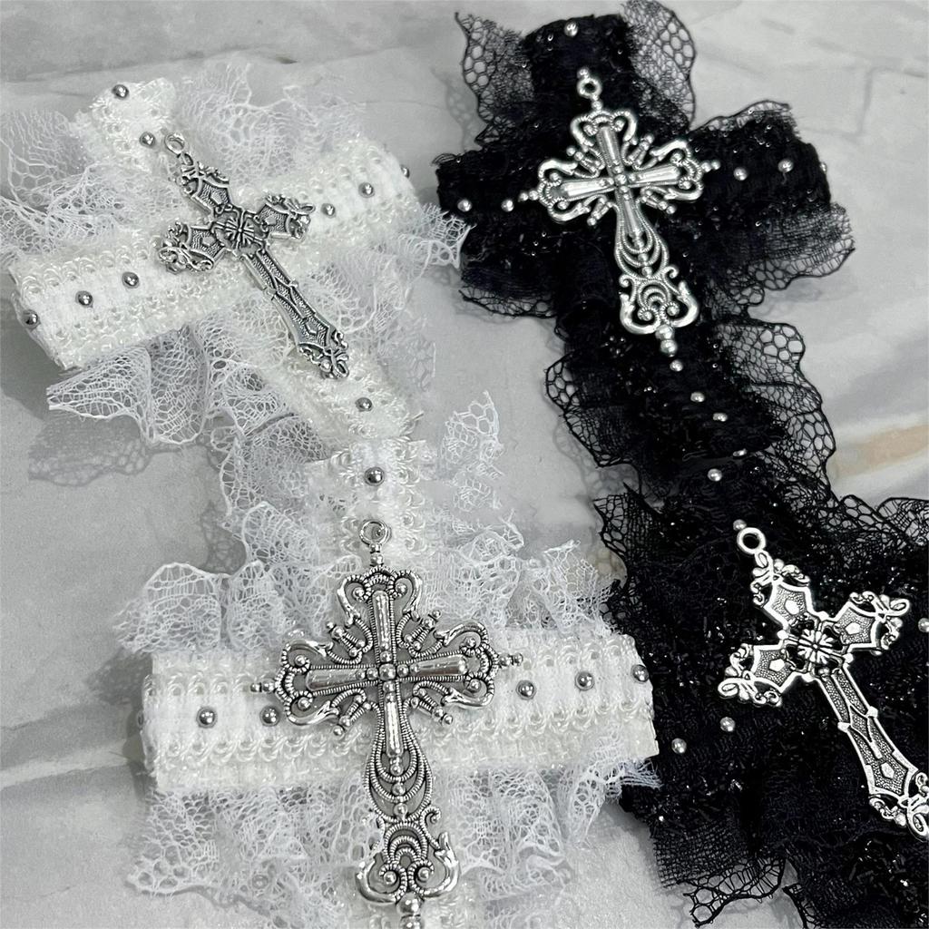 Lace Hair Clip Dark Balletcore Crosses Dark Flat Clip Halloween Hairpin Dark Elegant Hair Clip for Bunches
