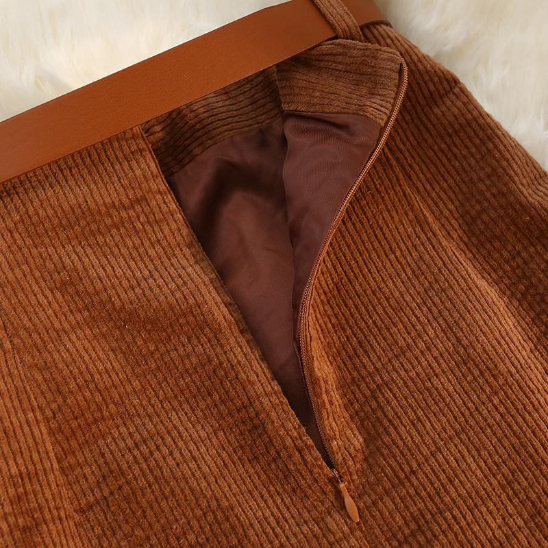 Hong Kong Style High-Waist Corduroy Split Midi A-Line Skirt with Belt for Women - Autumn/Winter