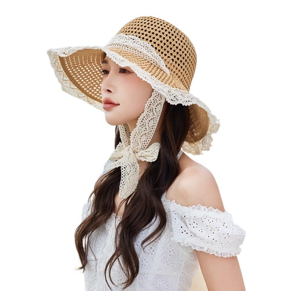 Breathable Lace Tied Sun Hat Large Brim UV Protection Cap Sweet Women Straw Hat  Travel