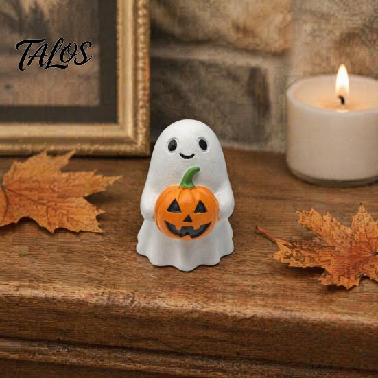Cute Halloween Table Topper Ghost Pumpkin Ornaments, Resin Smiling Desktop Decorations for Home Delicate Craft Office Party Decor, Healing Miniature