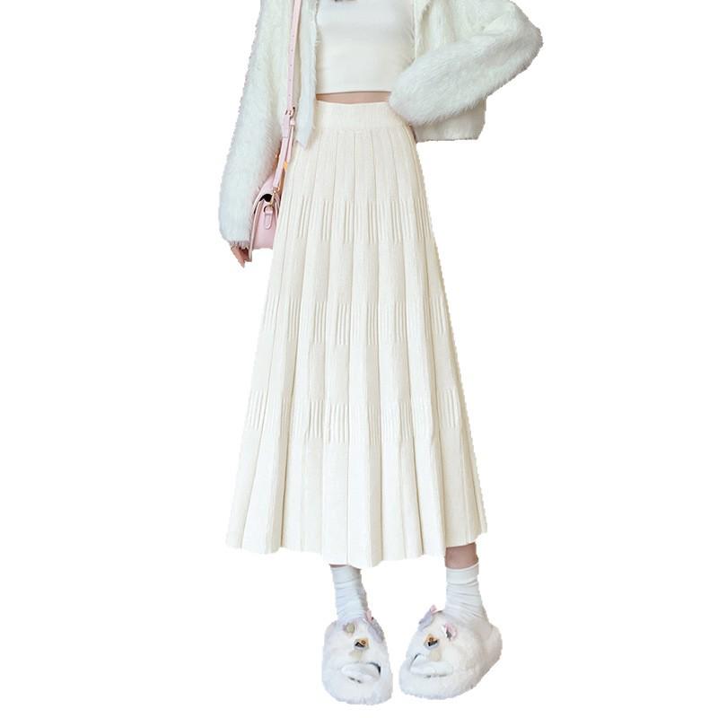 Autumn & Winter High-Waisted Knitted Pleated Long Wool Skirt for Women