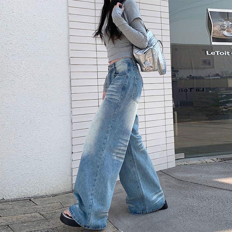 Washed retro grab jeans blue trousers women's summer 2026 drape high-waisted versatile wide-leg trousers floor-mopping trousers