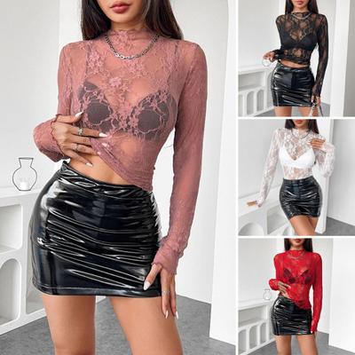 Women Tops Half High Collar Long Sleeve Embroidery Lace Flower Pattern Blouse Perspective Effect Bottoming Tops