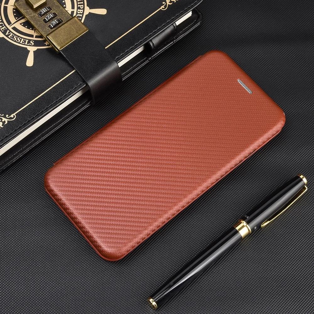

Carbon Fiber Grain Magnetic Flip Cover for Samsung Galaxy S23 Ultra S24 S22 Plus S21 S20 FE Note20 10Lite Stand Card Wallet Case S24Plus коричневый