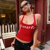 American Street Style Retro Letter Print Low-Cut Racerback Tank Top, Fashionable and Versatile Short Top for Hot Girls
