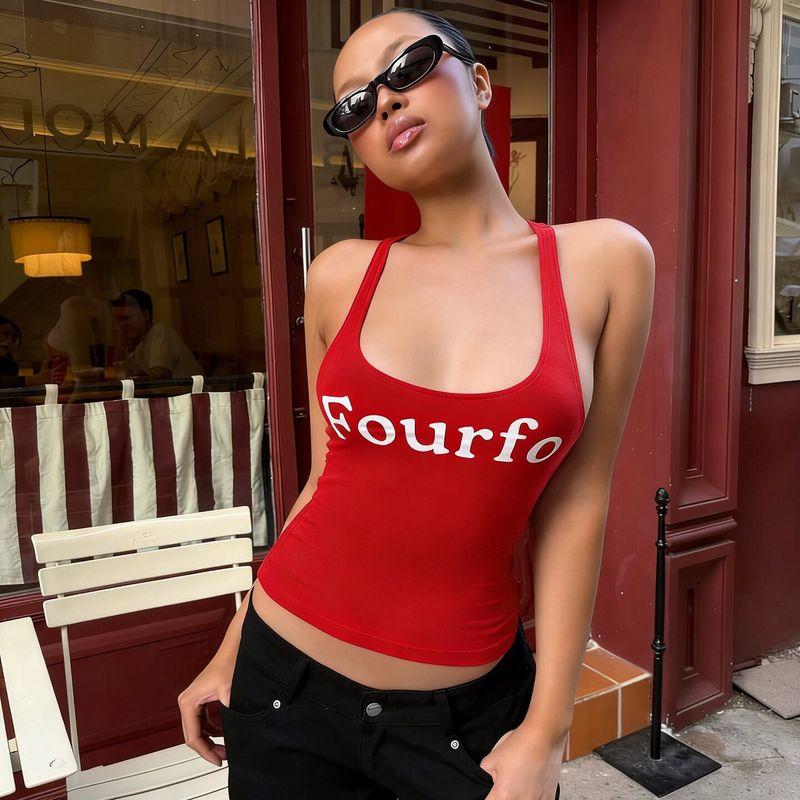 American Street Style Retro Letter Print Low-Cut Racerback Tank Top, Fashionable and Versatile Short Top for Hot Girls