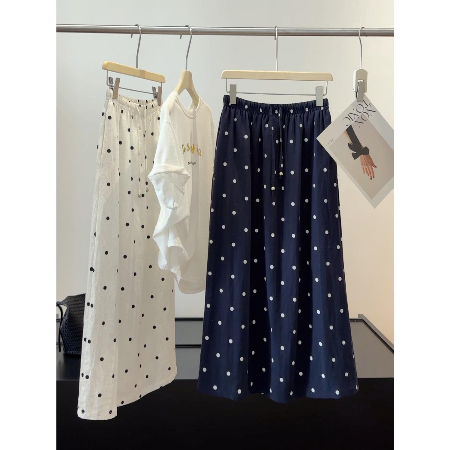 Women s High Waist A Line Polka Dot Midi Skirt Casual Flowy Pleated Long Skirt M синий