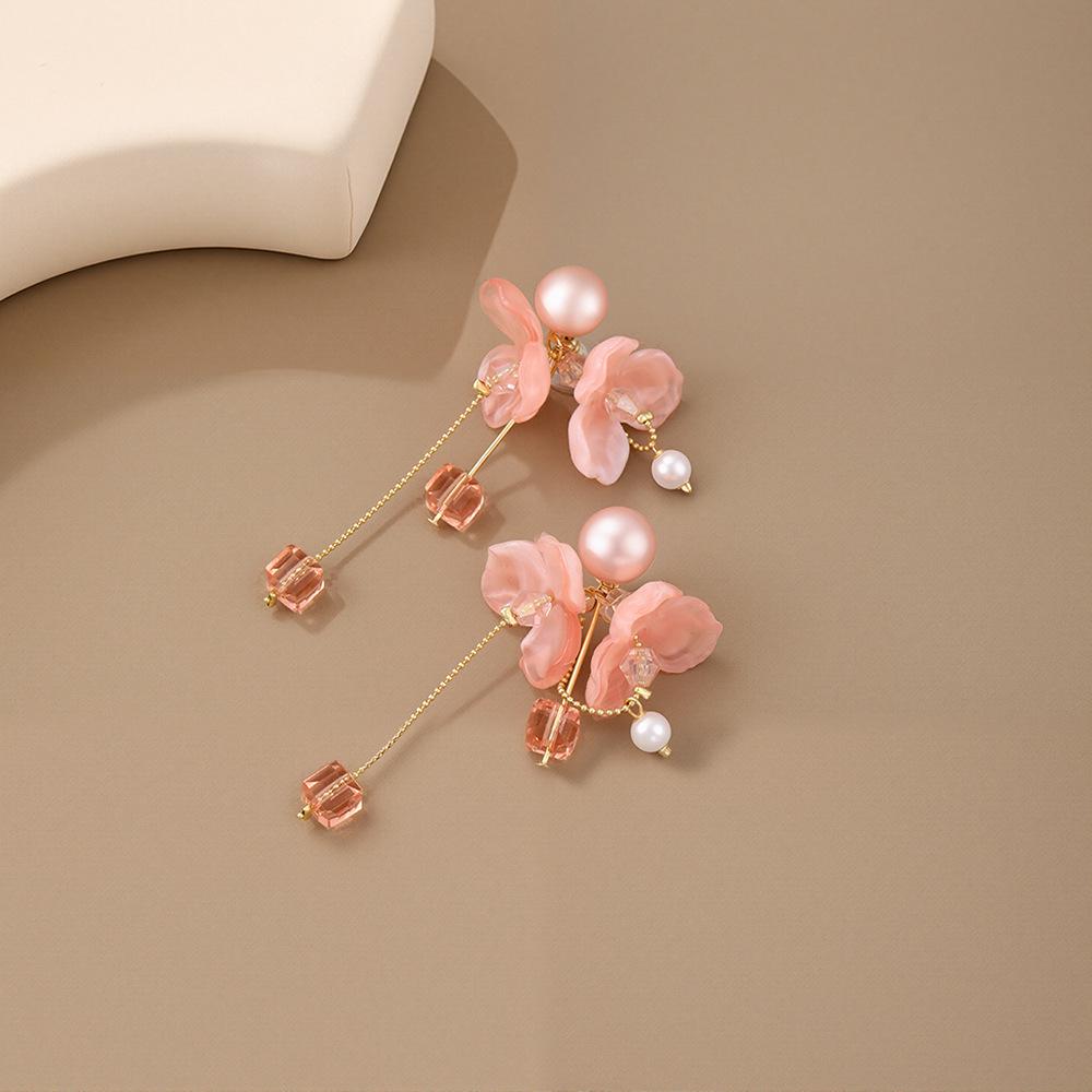 Silver Needle Pink Pearl Flower Tassel Earrings