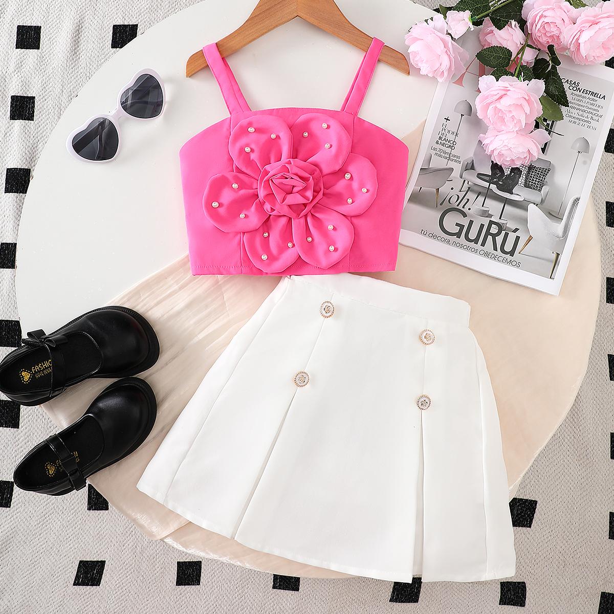 

2PCS Girls 3D Flower Beaded Cami Top & Button Skirt Set, Casual Summer Two-Piece Outfit 2-3Y блестящий розовый