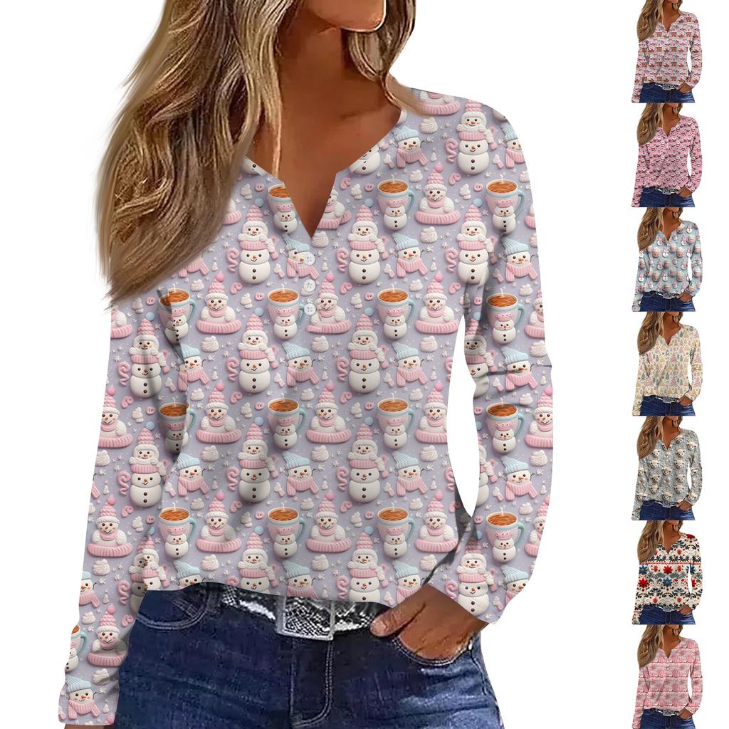 Women's Fashion Casual V-Neck Button-Up Long-Sleeve T-Shirt With Christmas Print Top