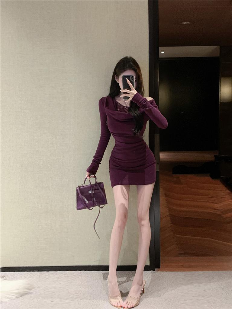 Lace Patchwork Off-Shoulder Long Sleeve Dress for Women Slim Fit Pure Temptation Bodycon Mini Skirt Purple Waist Cinched Tight Dress