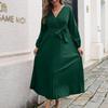 Damen Langarm Maxi Kleid Herbst Winter V-Ausschnitt Schnürung Einfarbig Plissiertes Temperament Größen S bis XXXL