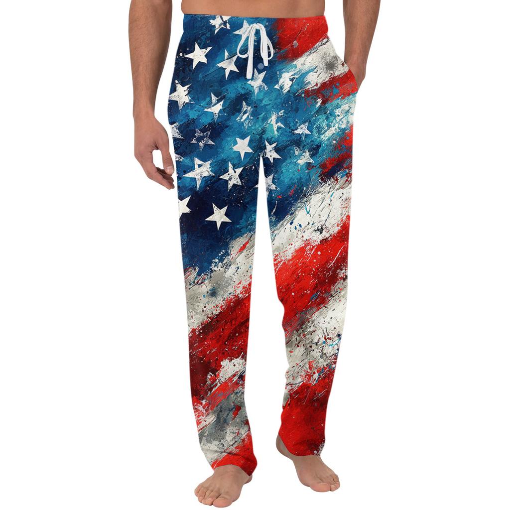 Men's Independence Day Print Plain Knit Pocket Casual Lounge Pants Sleepwear Drawstring Waist Relaxed Fit