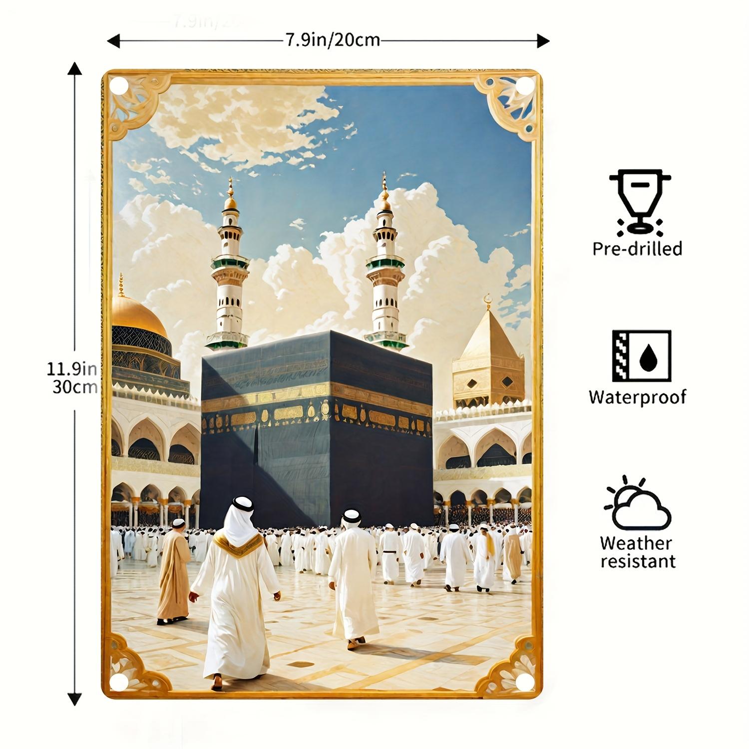

[Прочная конструкция] Винтажная металлическая жестяная табличка - Исламская мечеть, настенное искусство с паломниками и золотыми куполами, исламский домашний декор 20x30cm белый
