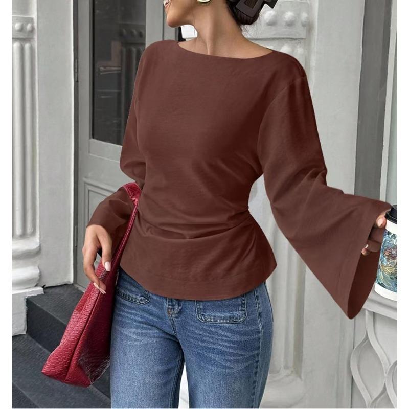 New Color-block Trendy Casual Versatile Fitted Boat-neck Personalized Street-style Wide-sleeved Top T-shirt