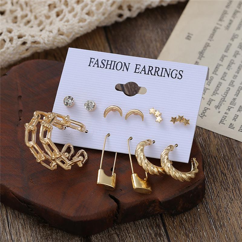 Retro Gold French Geometric Pearl Stud Earrings - 6 Piece Set