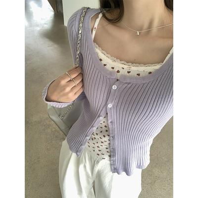 Dorință Pură Fată Fierbinte Cardigan Tricotat Mov Suprapus Femei Toamnă Gât Rotund Umăr Drept Jachetă Slim Fit Top Scurt Uimitor