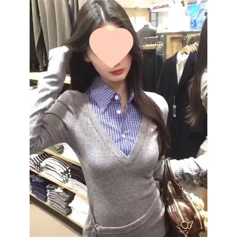 Damen 2025 Herbst Slim Fit Colorblock Patchwork Zwei-in-Eins Langarm Kragen Oberteil