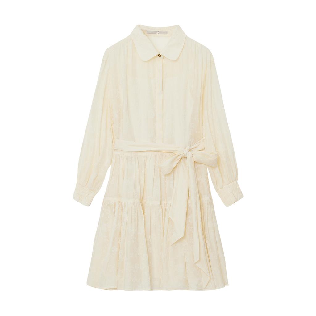 Exquisite and Elegant Three-dimensional Crabapple Flower Long-sleeved Dress with Tie Bow and Lapel, Cute and Age Reducing Short Cake Skirt