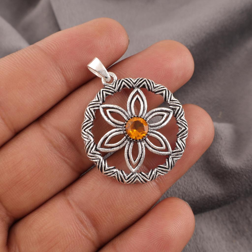 Citrin anheng, 925 Sterlingsølv edelstensmykke, Håndlaget anheng, Til Thanksgiving