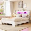 Wooden Bed Frame with Storage In the Headboard, LED Lighting, Integrated Outlets, Modern Platform Bed In White 140 X 200 Cm