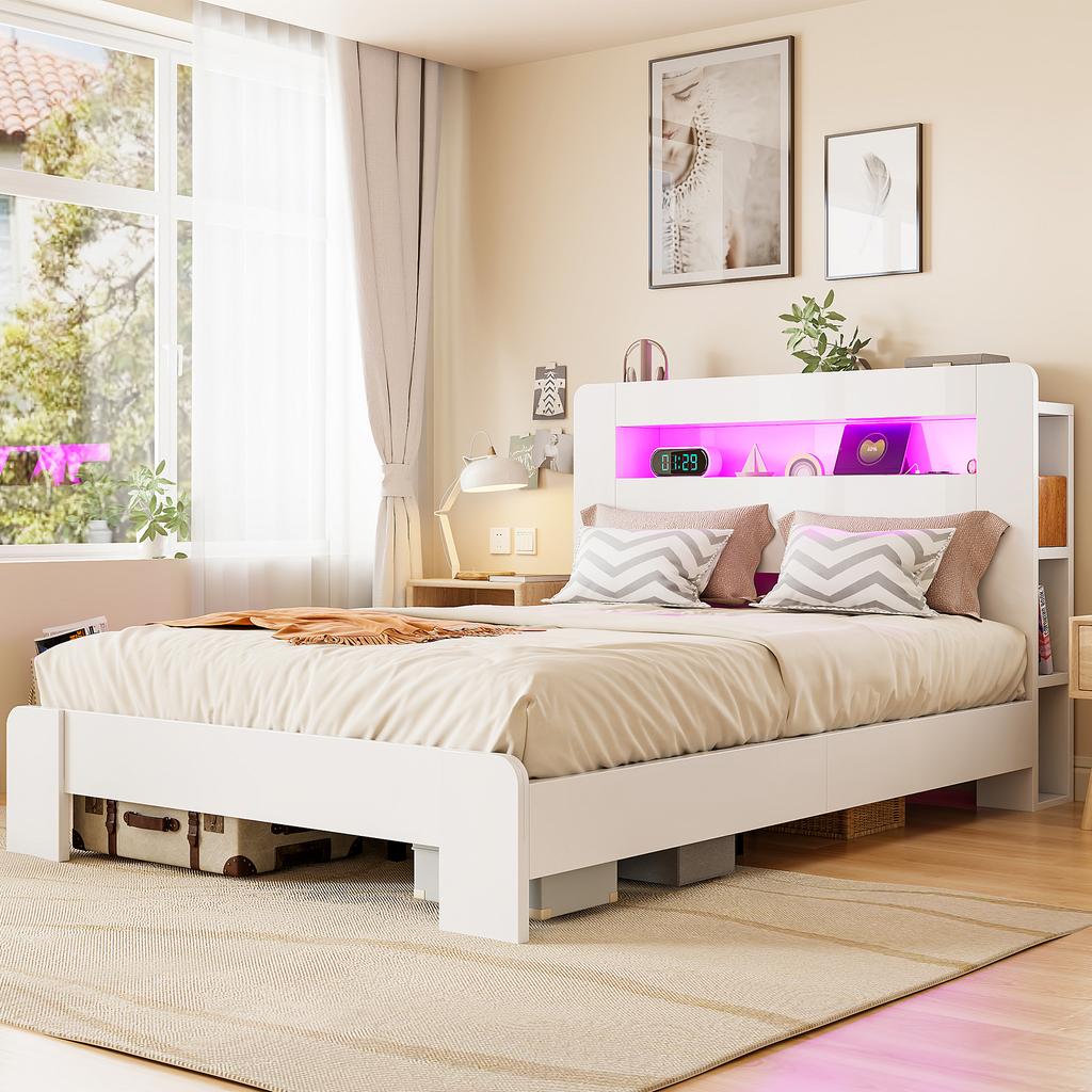 Wooden Bed Frame with Storage In the Headboard, LED Lighting, Integrated Outlets, Modern Platform Bed In White 140 X 200 Cm