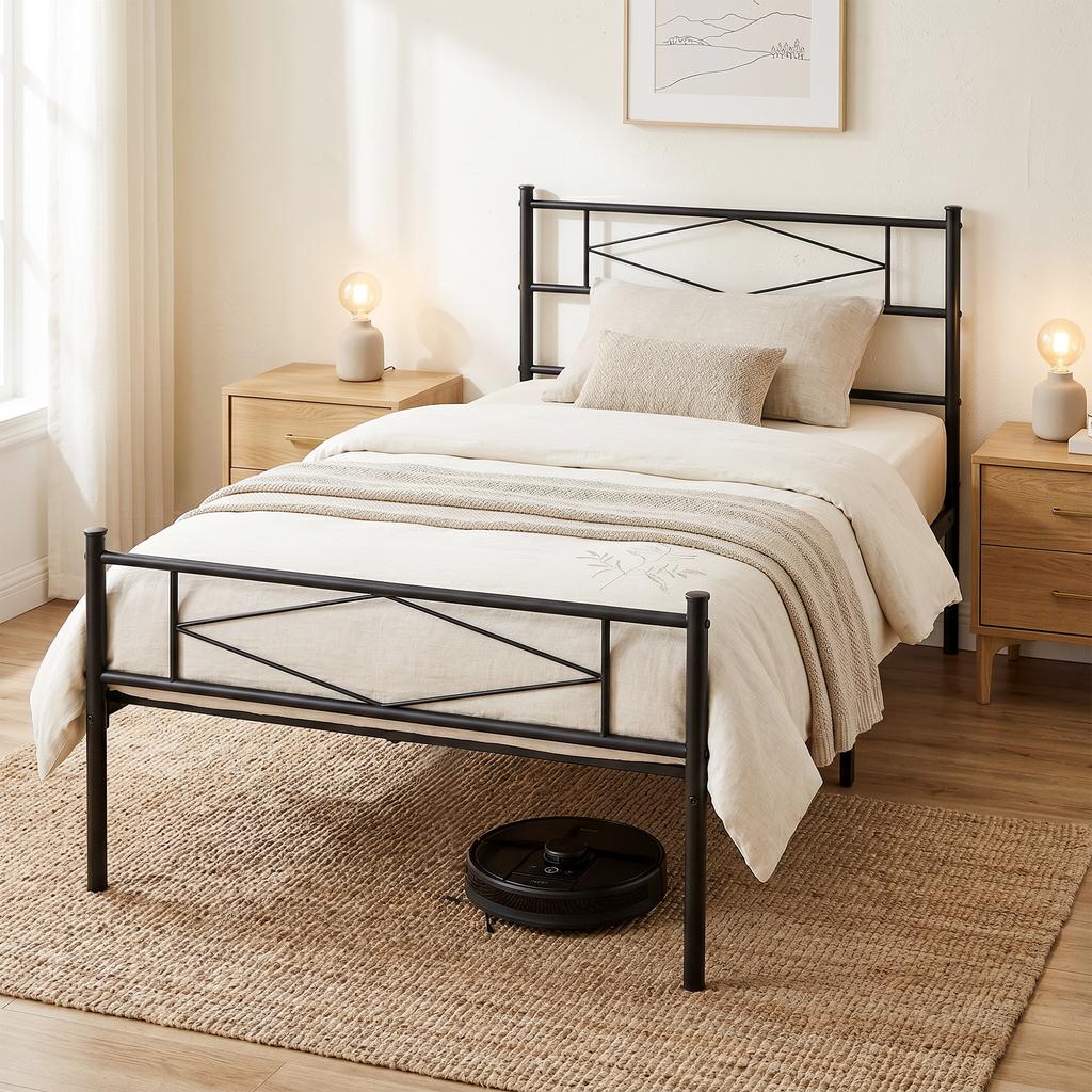 3ft Single Bed Frame with Headboard and Footboard, Metal Platform Bed Frame with 32 Cm Underbed Storage, Black