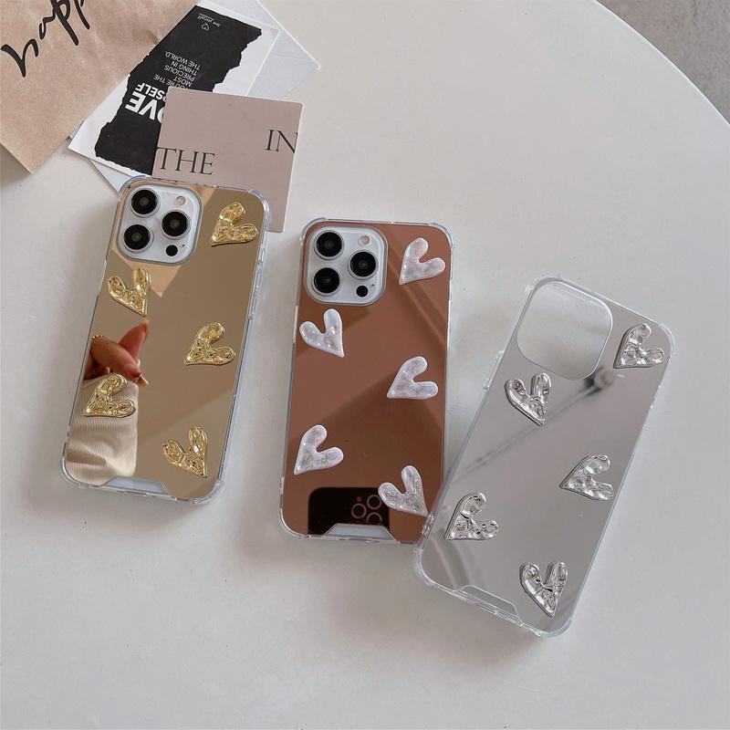 

Роскошный чехол для телефона с зеркалом для макияжа для iPhone 16 Pro Max 15 Pro 14 13 12 11 Love Heart глянцевый прозрачный противоударный защитный чехол от падений iPhone 16 розового золота