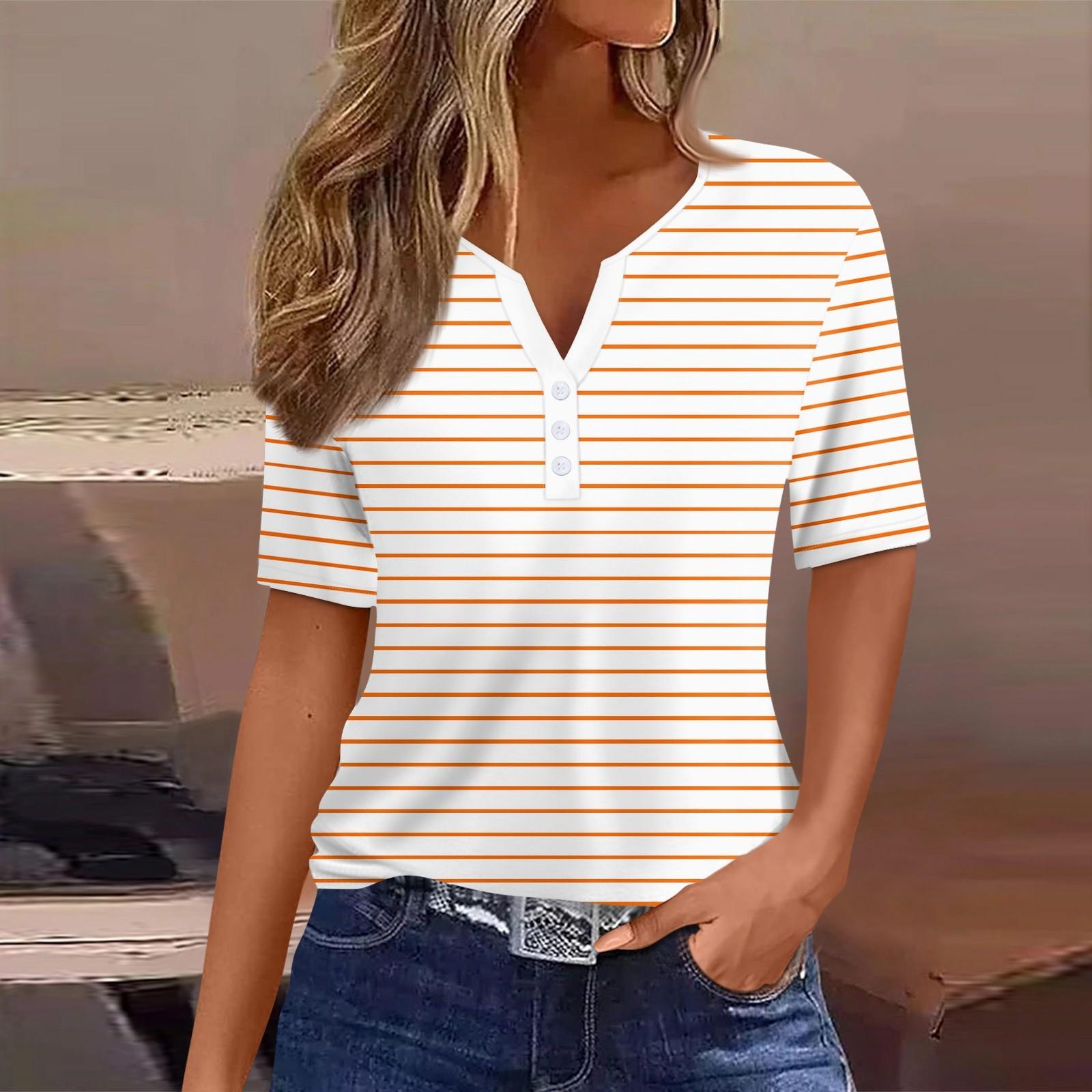 

Women s Casual Printed V-Neck Short Sleeve Decorative Button T-Shirt Top XXXL помаранчевий