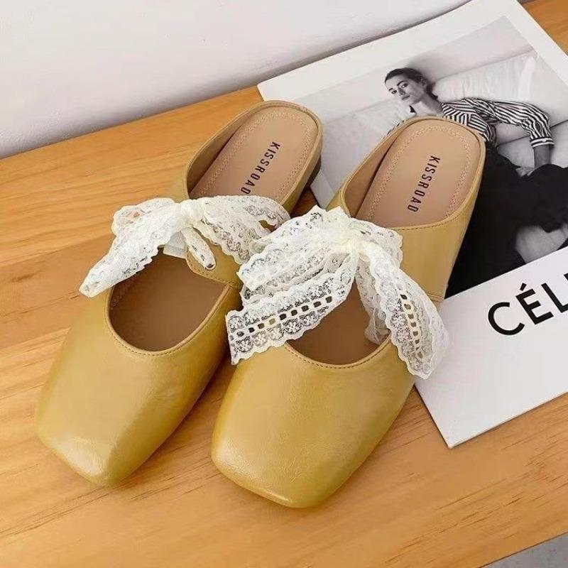 Square head retro lace Mary Jane shoes new shallow mouth single shoes college style bag head flat bottom slippers women