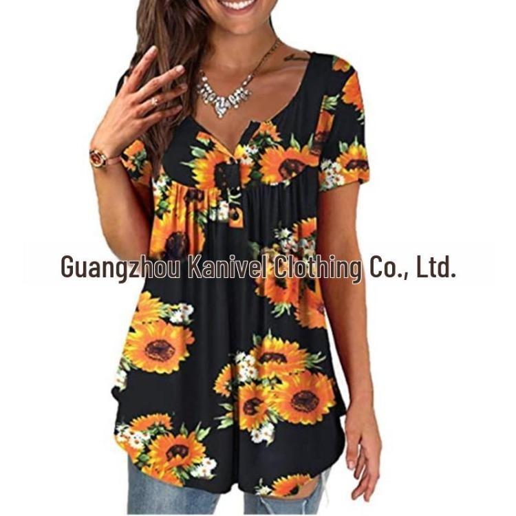 Women Summer Casual Floral Print Short Sleeve Henry Shirt