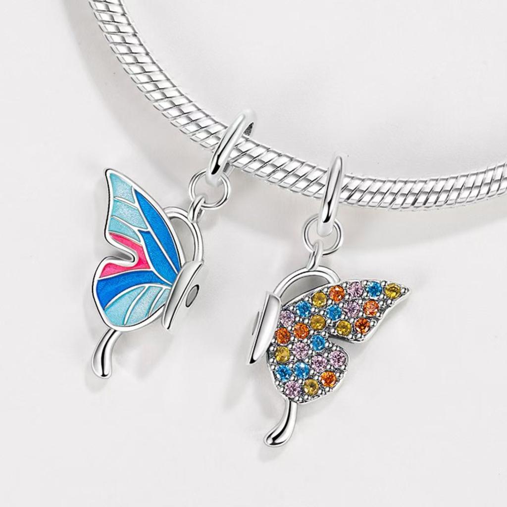 Fashion 925 Silver Colorful Butterfly Sparkling Beads Charms for DIY Bracelet Necklace Jewelry Making Gift