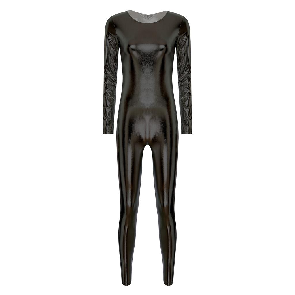 Womens Metallic Bodysuit Shiny Unitard Long Sleeve Round Neck Full Coverage Slim Fit Dance Performance Wear