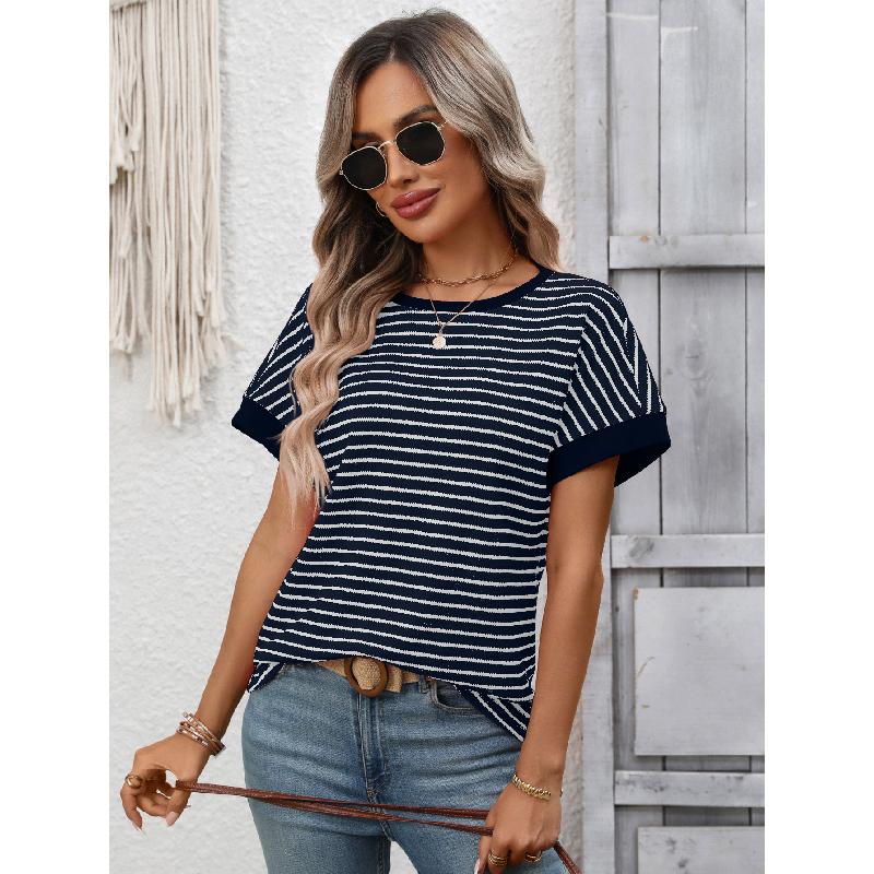 2026 Summer New Women's Casual Round Neck Patchwork Short Sleeve Striped T-Shirt